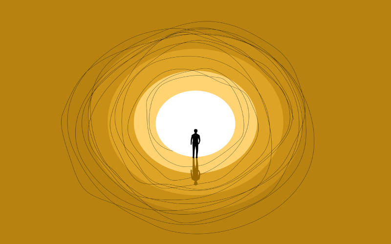 A drawing of an isolated person surrounded by nothing.