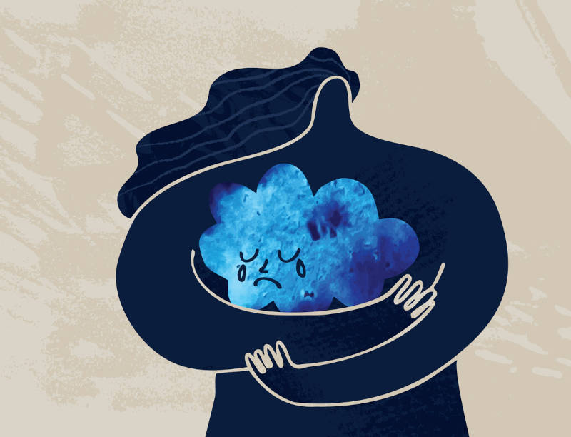 A cartoon of a person holding a cloud of sadness, depicting bipolar disorder or depression.