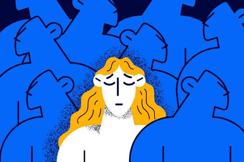 A cartoon woman experiencing social anxiety or introversion.